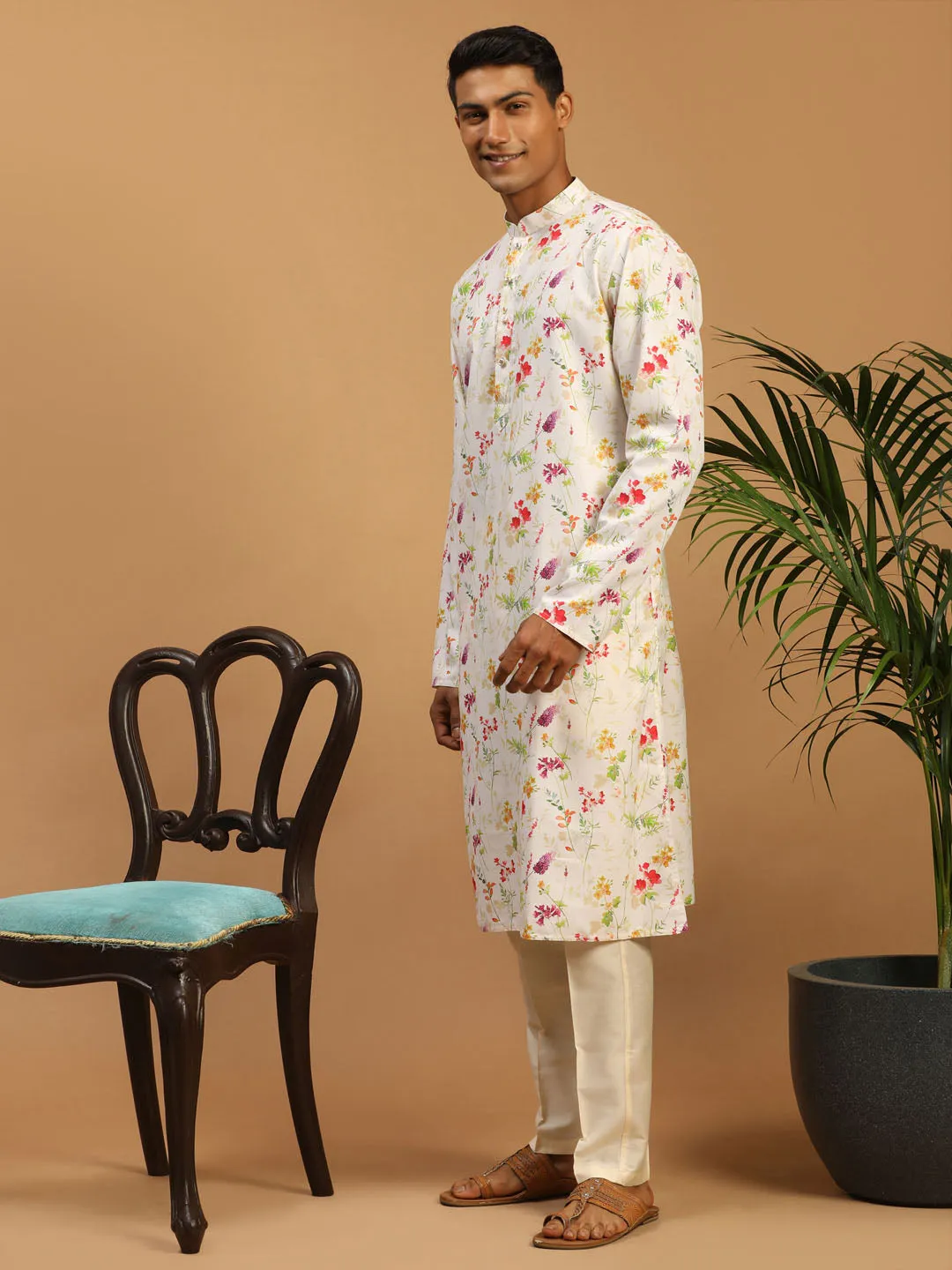 Jashvi Men's Cream Printed Cotton Blend Kurta and Cream Viscose Pant Set