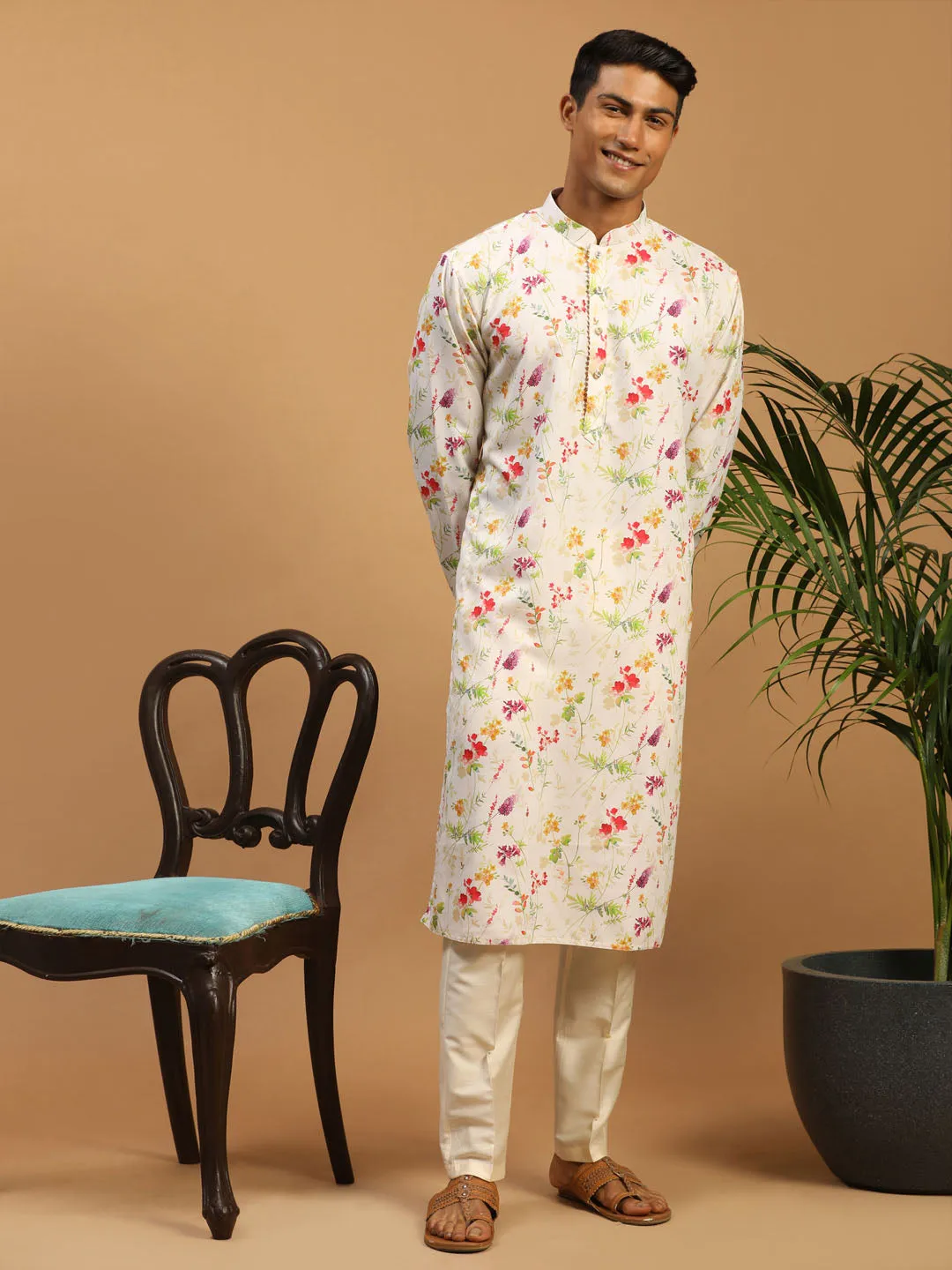 Jashvi Men's Cream Printed Cotton Blend Kurta and Cream Viscose Pant Set