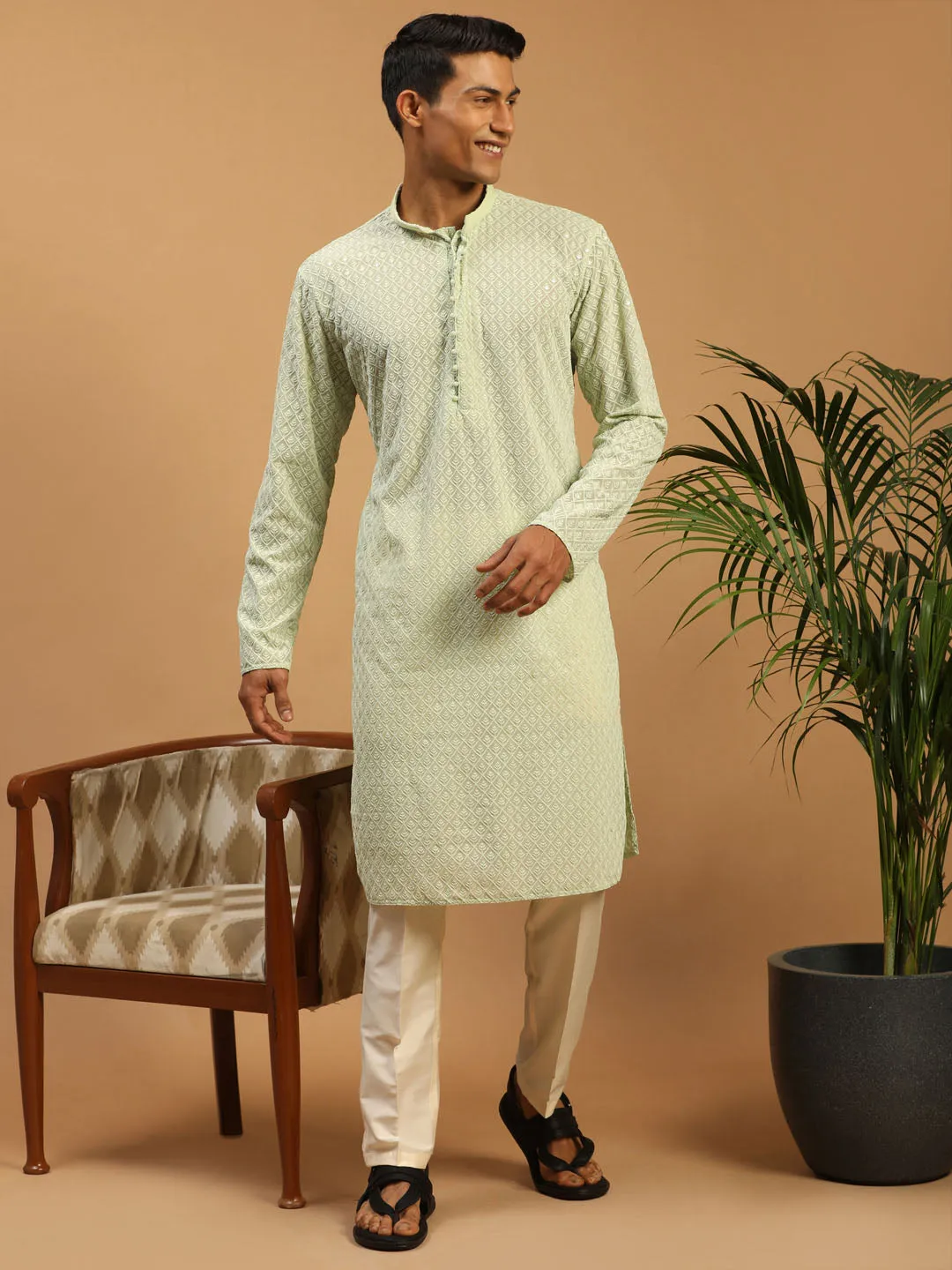 Jashvi Men's Green Embroidery  Worked Georgette Kurta With Pant Style Pyjama Set