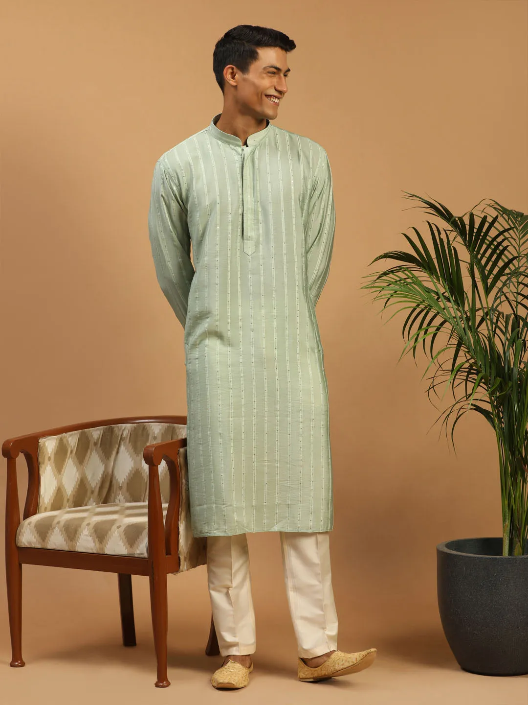 Jashvi Men's Green Sequined Kurta Pant Set