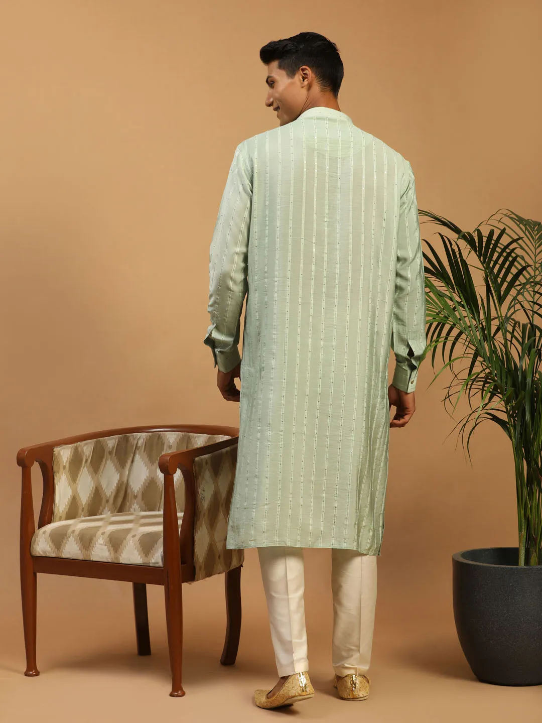 Jashvi Men's Green Sequined Kurta Pant Set