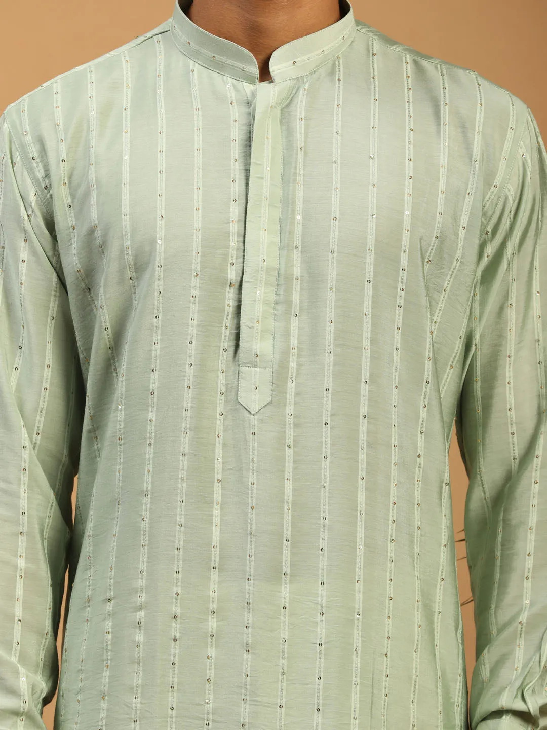 Jashvi Men's Green Sequined Kurta Pant Set