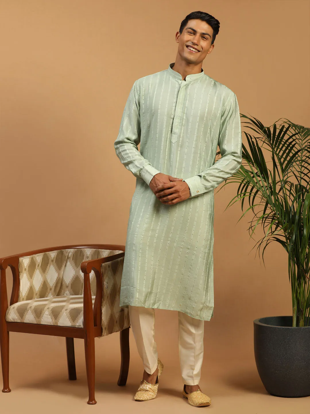 Jashvi Men's Green Sequined Kurta Pant Set