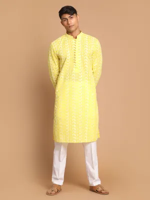 Jashvi Men's Mustard Pure Cotton Chikankari Kurta With Pant set