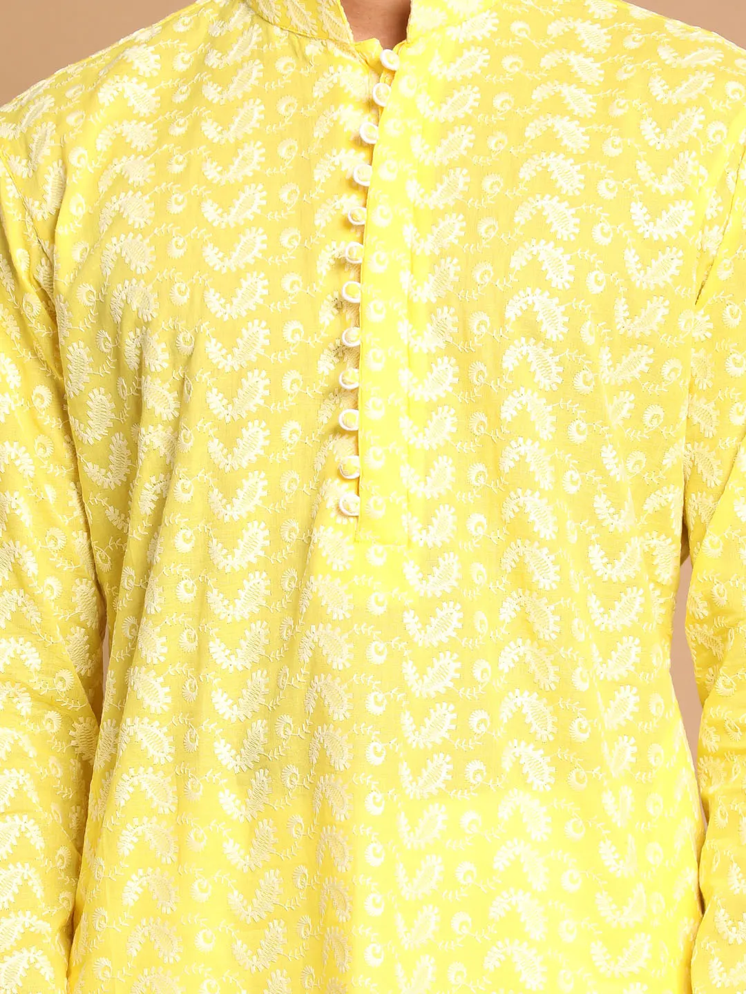 Jashvi Men's Mustard Pure Cotton Chikankari Kurta With Pant set
