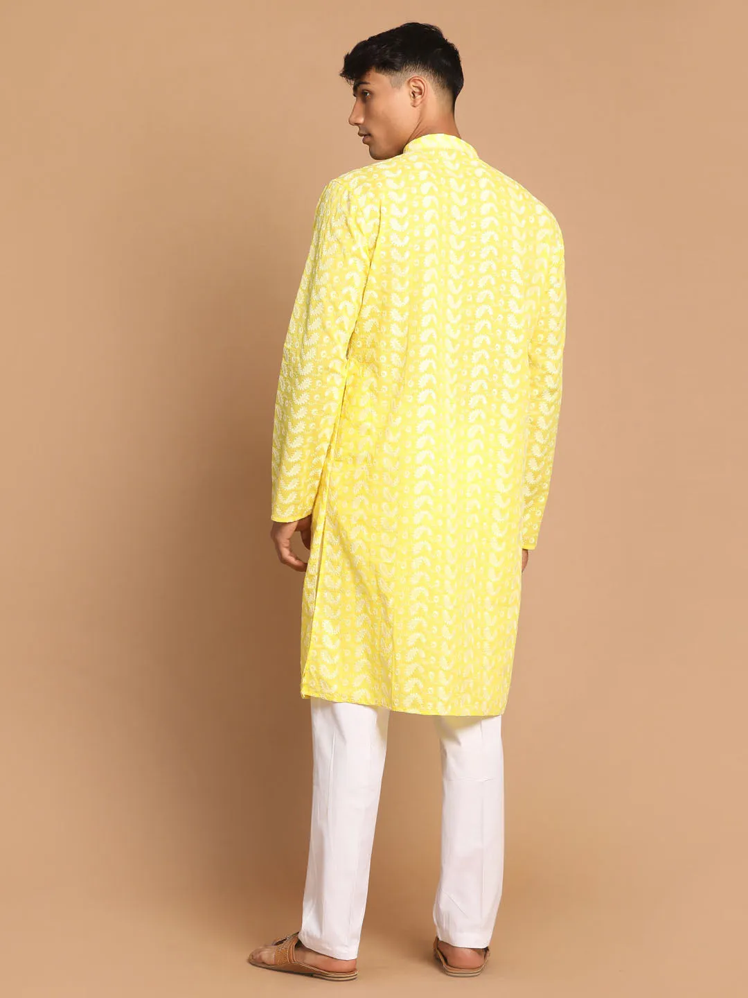 Jashvi Men's Mustard Pure Cotton Chikankari Kurta With Pant set