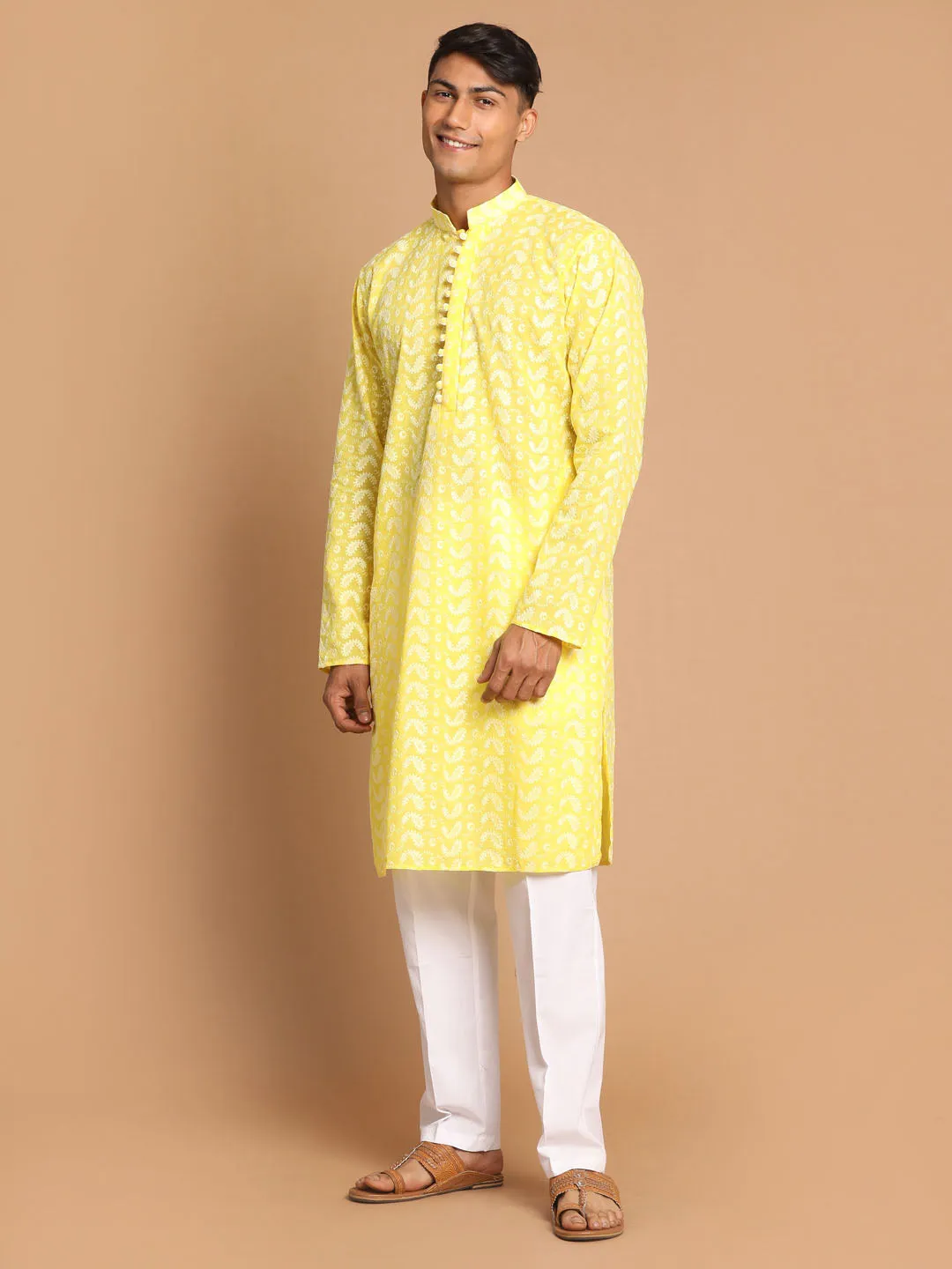Jashvi Men's Mustard Pure Cotton Chikankari Kurta With Pant set