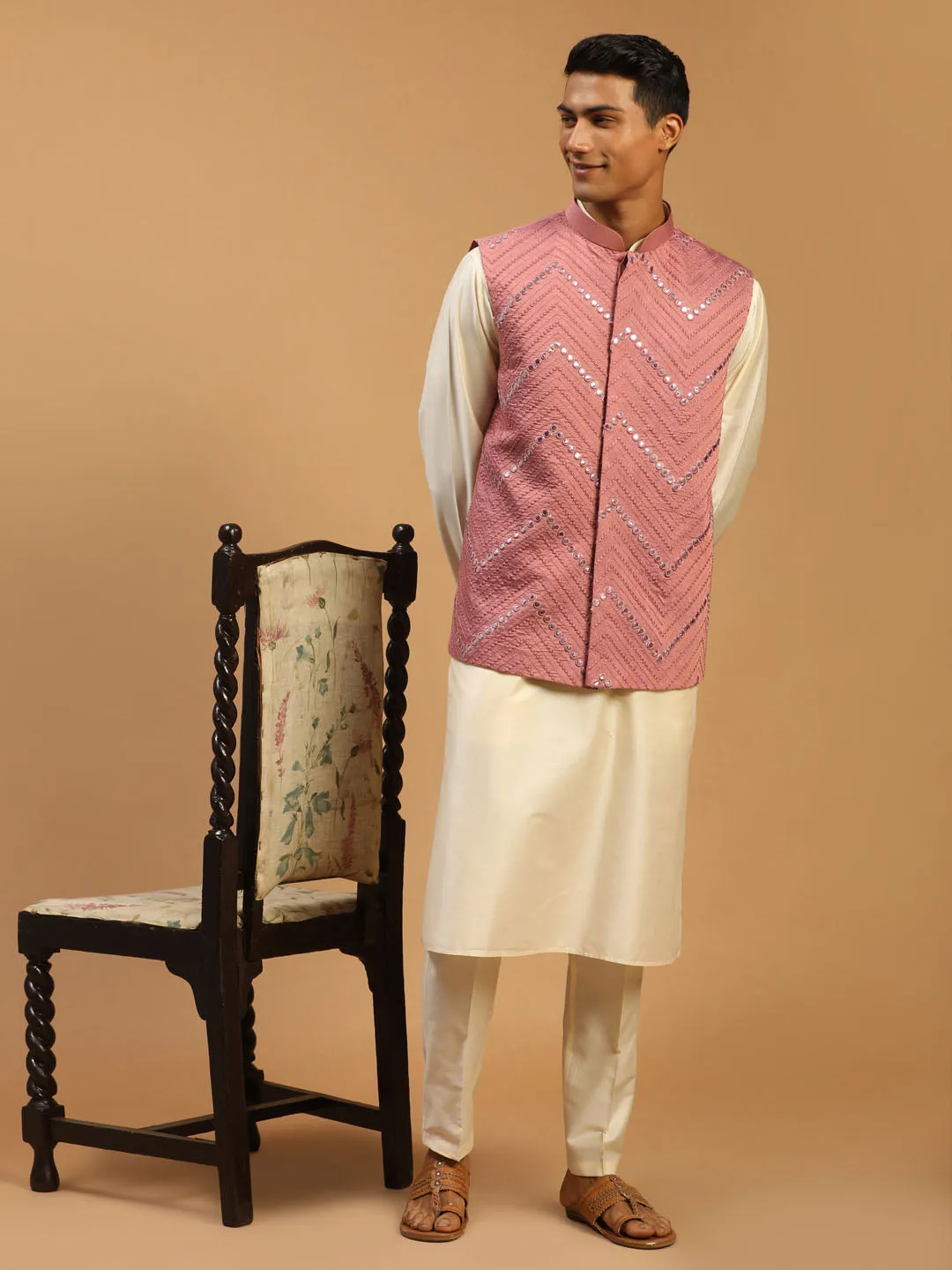 Jashvi Men's Onion Mirror Jacket With Kurta Pant Set