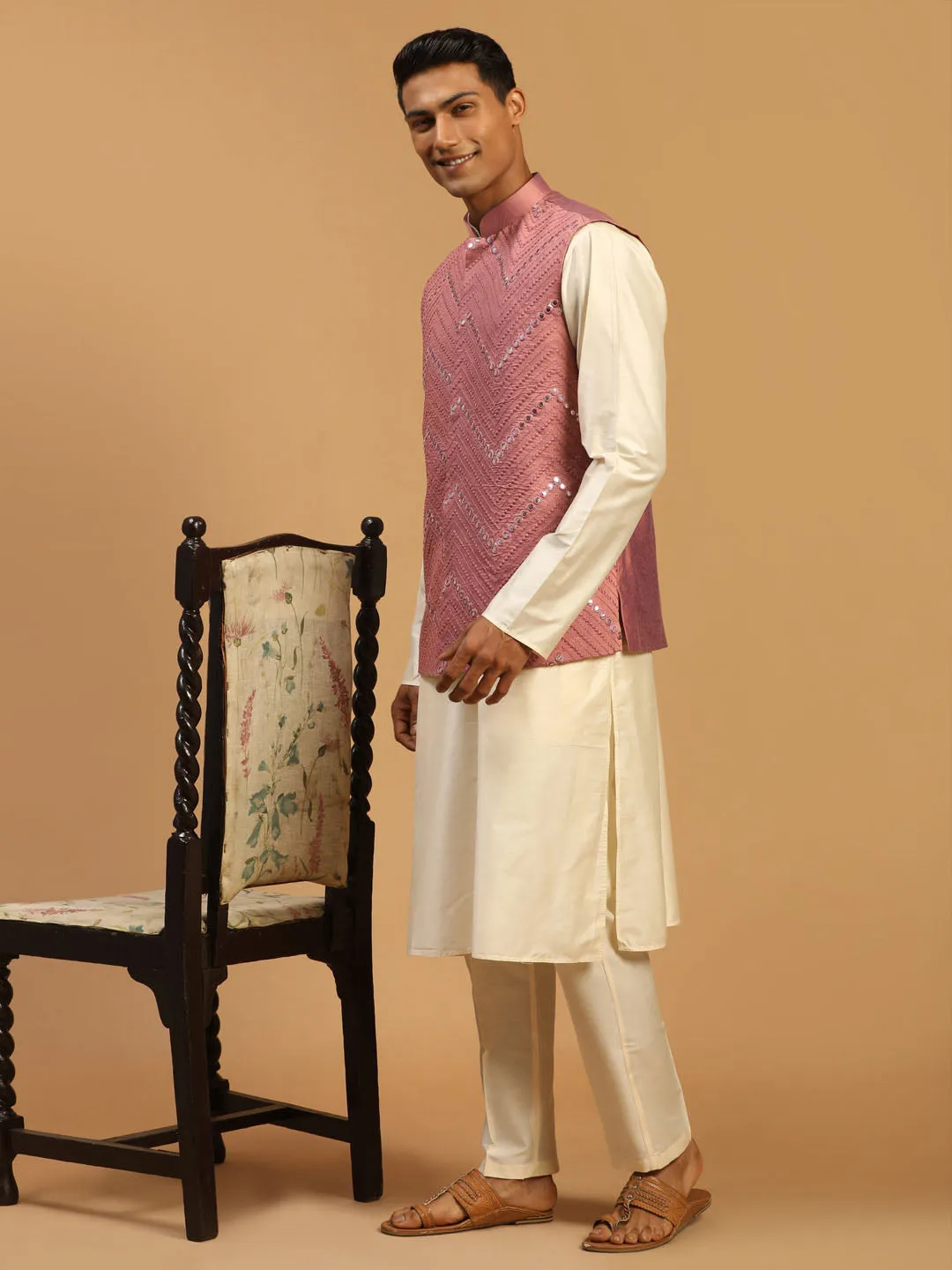 Jashvi Men's Onion Mirror Jacket With Kurta Pant Set