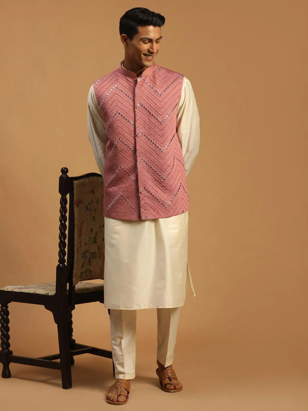 Jashvi Men's Onion Mirror Jacket With Kurta Pant Set