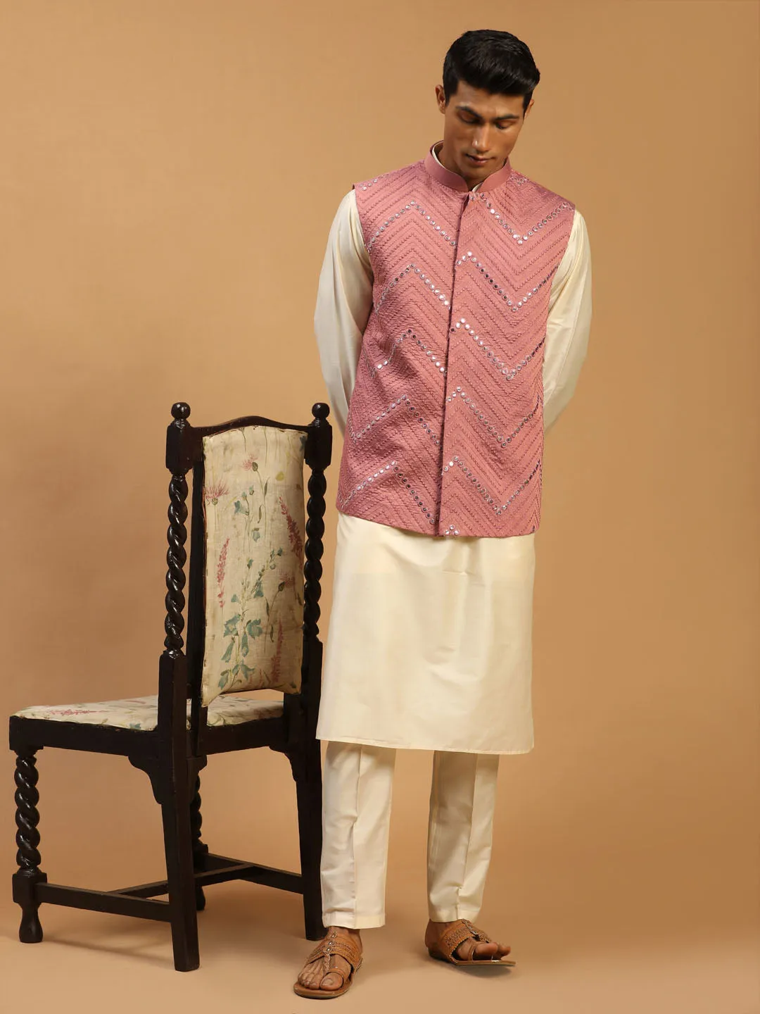 Jashvi Men's Onion Mirror Jacket With Kurta Pant Set