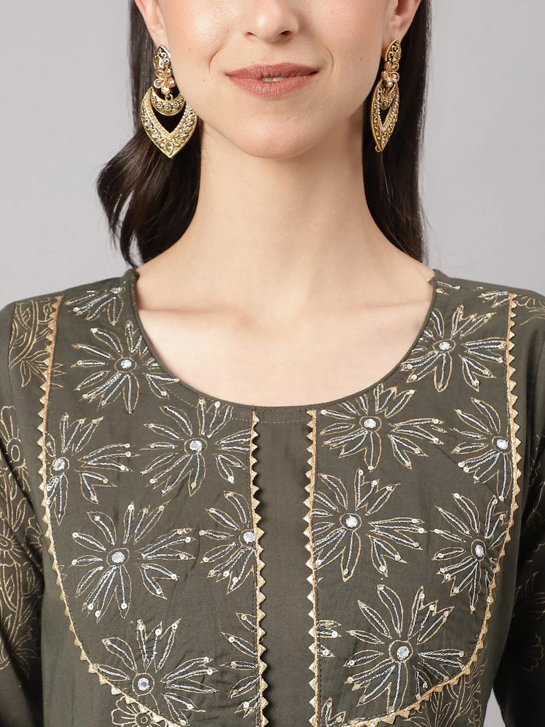 Jashvi Olive Green Hand Block Cotton Kurta Pant Set with Dupatta