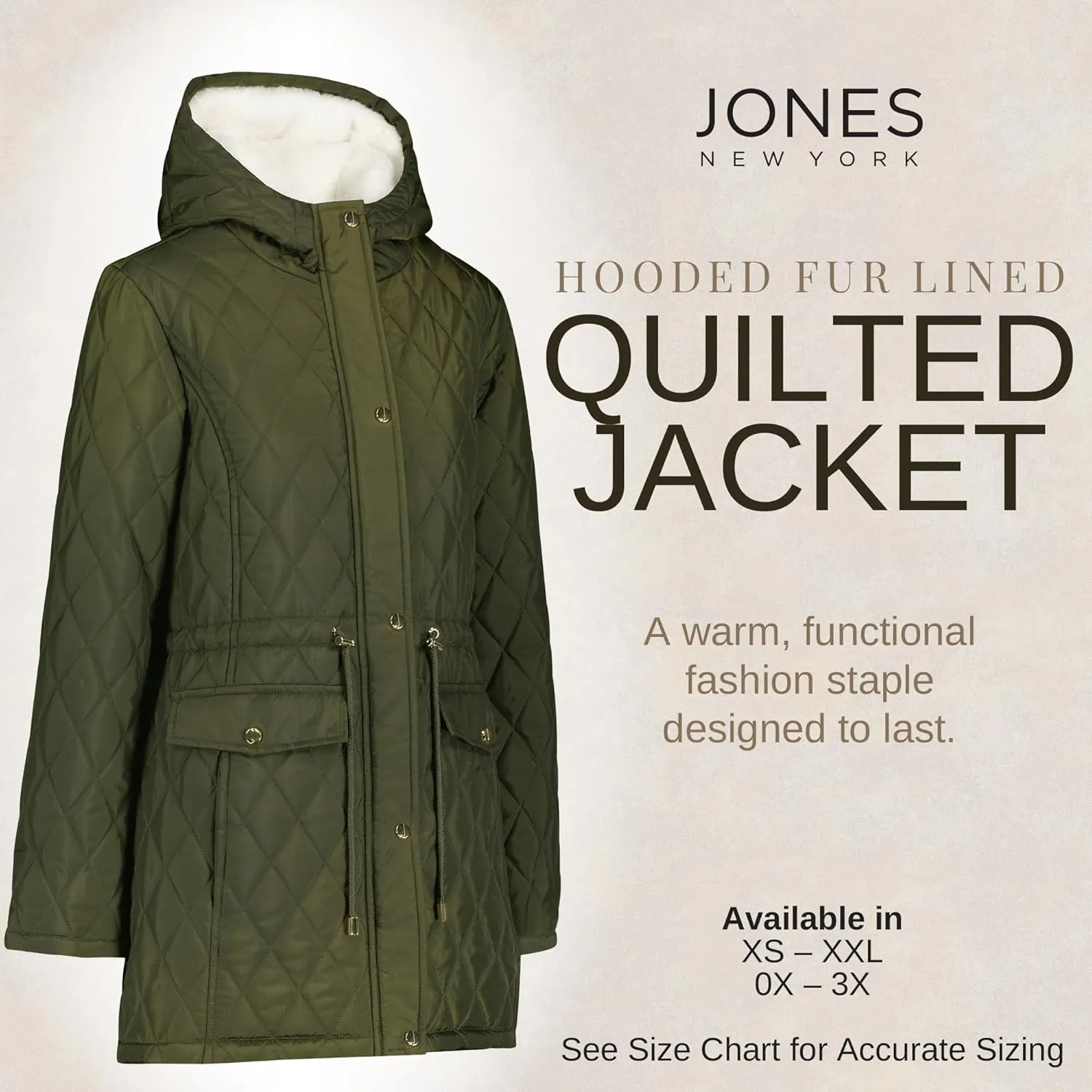 Jones NY Diamond-Quilted Jacket Anorak with Fur Lining - Winter Coats for Women, Black