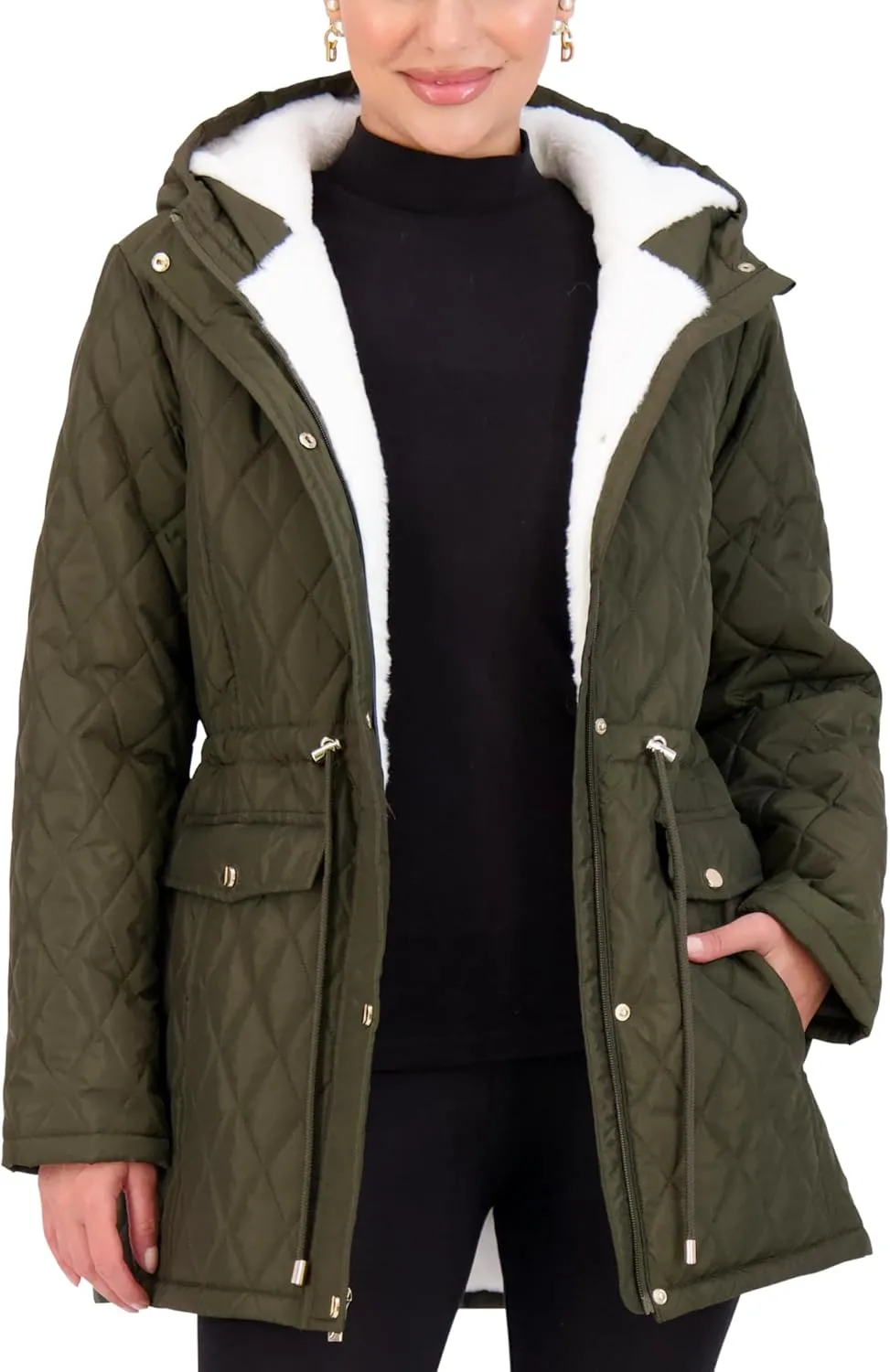 Jones NY Diamond-Quilted Jacket Anorak with Fur Lining - Winter Coats for Women, Black