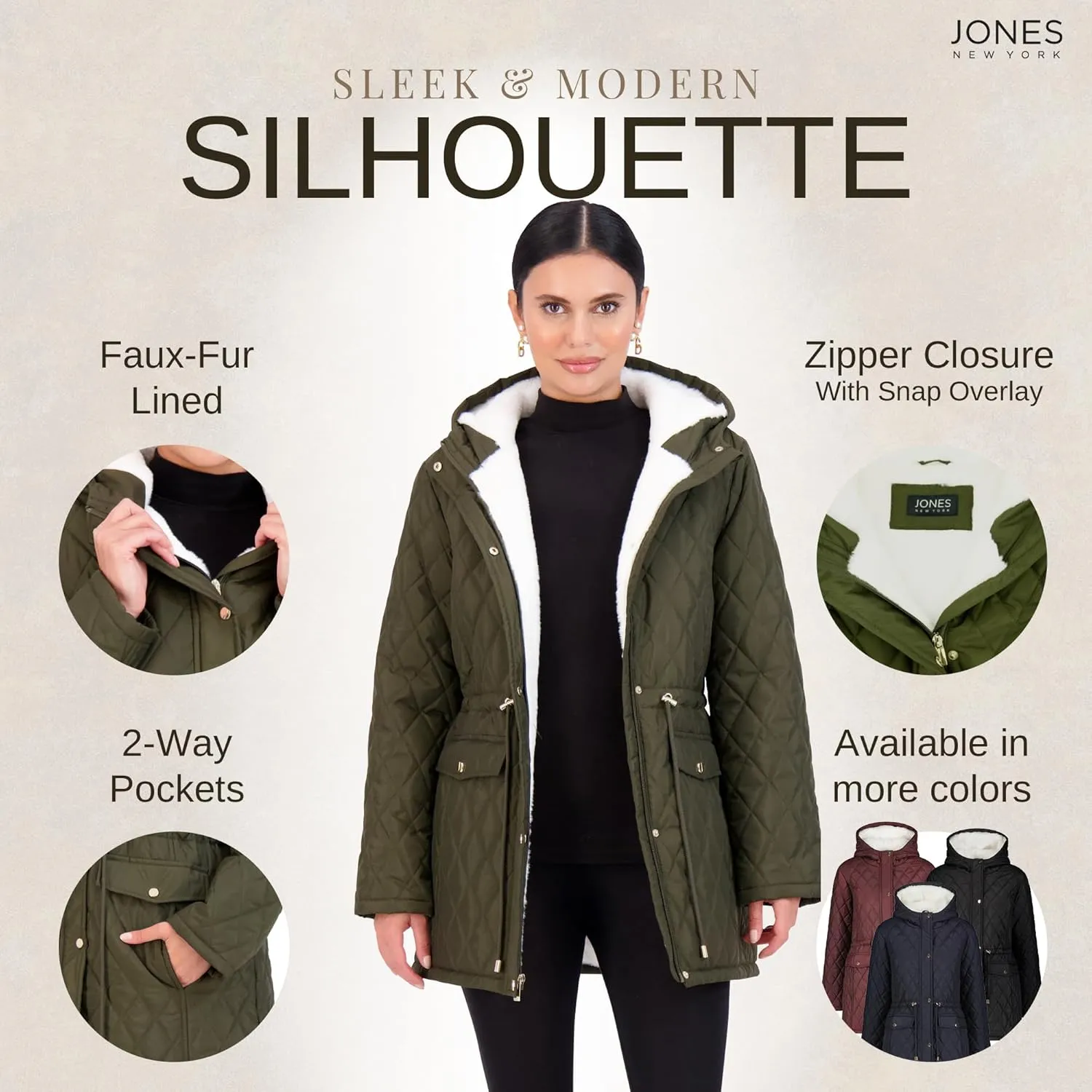 Jones NY Diamond-Quilted Jacket Anorak with Fur Lining - Winter Coats for Women, Black