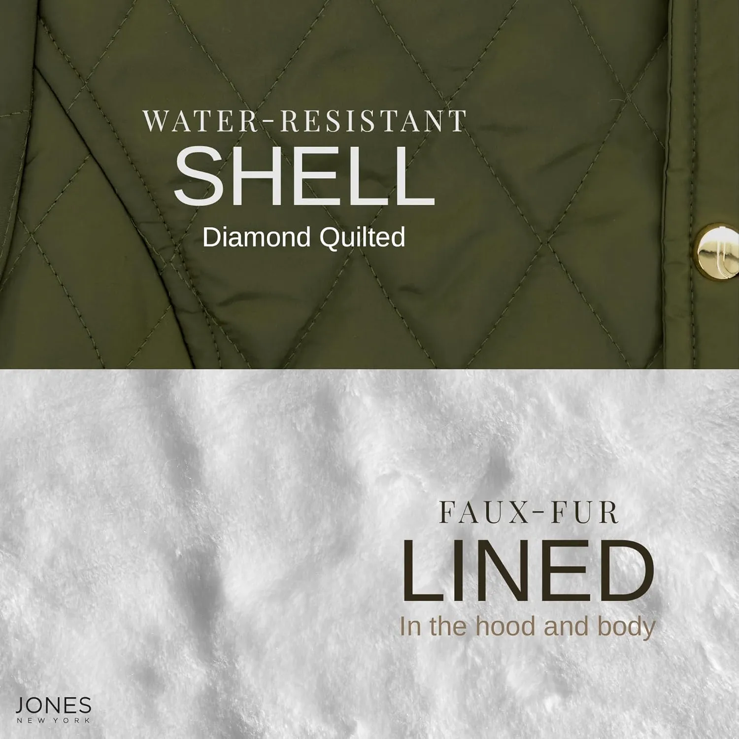 Jones NY Diamond-Quilted Jacket Anorak with Fur Lining - Winter Coats for Women, Black