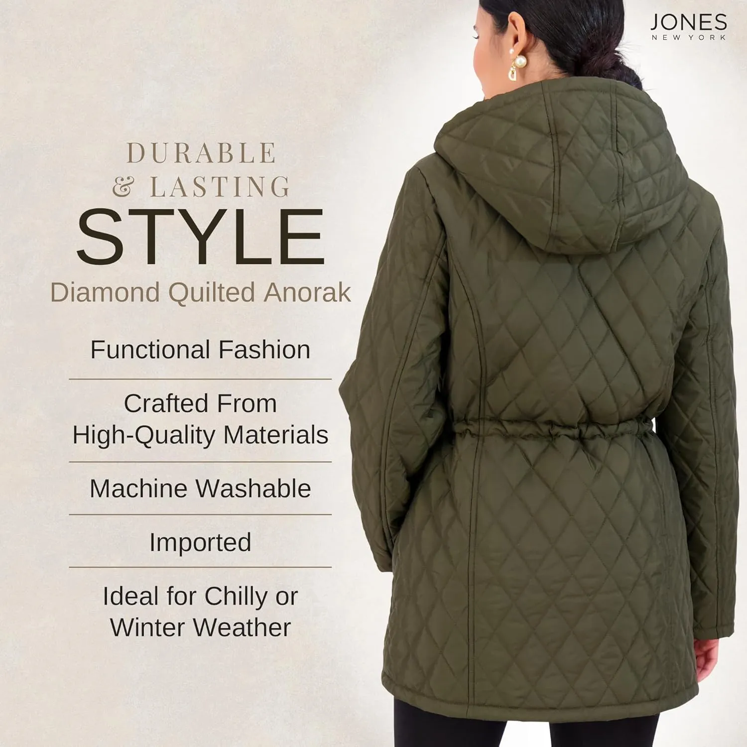 Jones NY Diamond-Quilted Jacket Anorak with Fur Lining - Winter Coats for Women, Black
