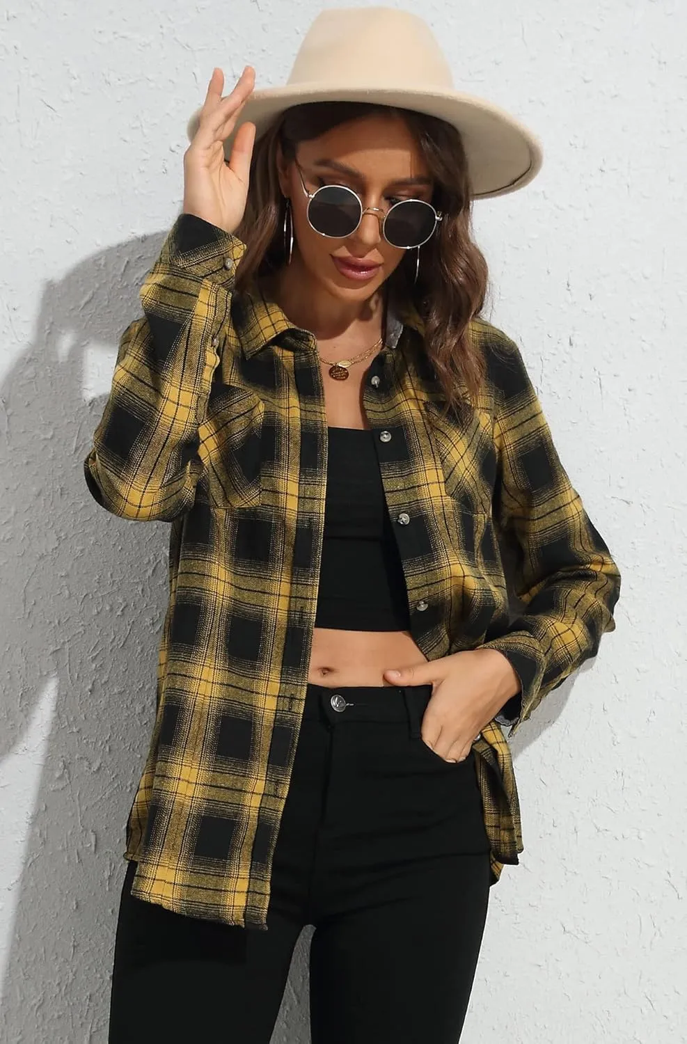 KevaMolly Plaid Flannel Shirts for Women Loose Fit Boyfriend Button Down Shirt Long Sleeve Casual Flannel Blouse Tops