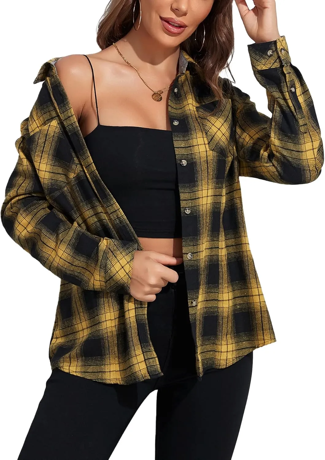 KevaMolly Plaid Flannel Shirts for Women Loose Fit Boyfriend Button Down Shirt Long Sleeve Casual Flannel Blouse Tops