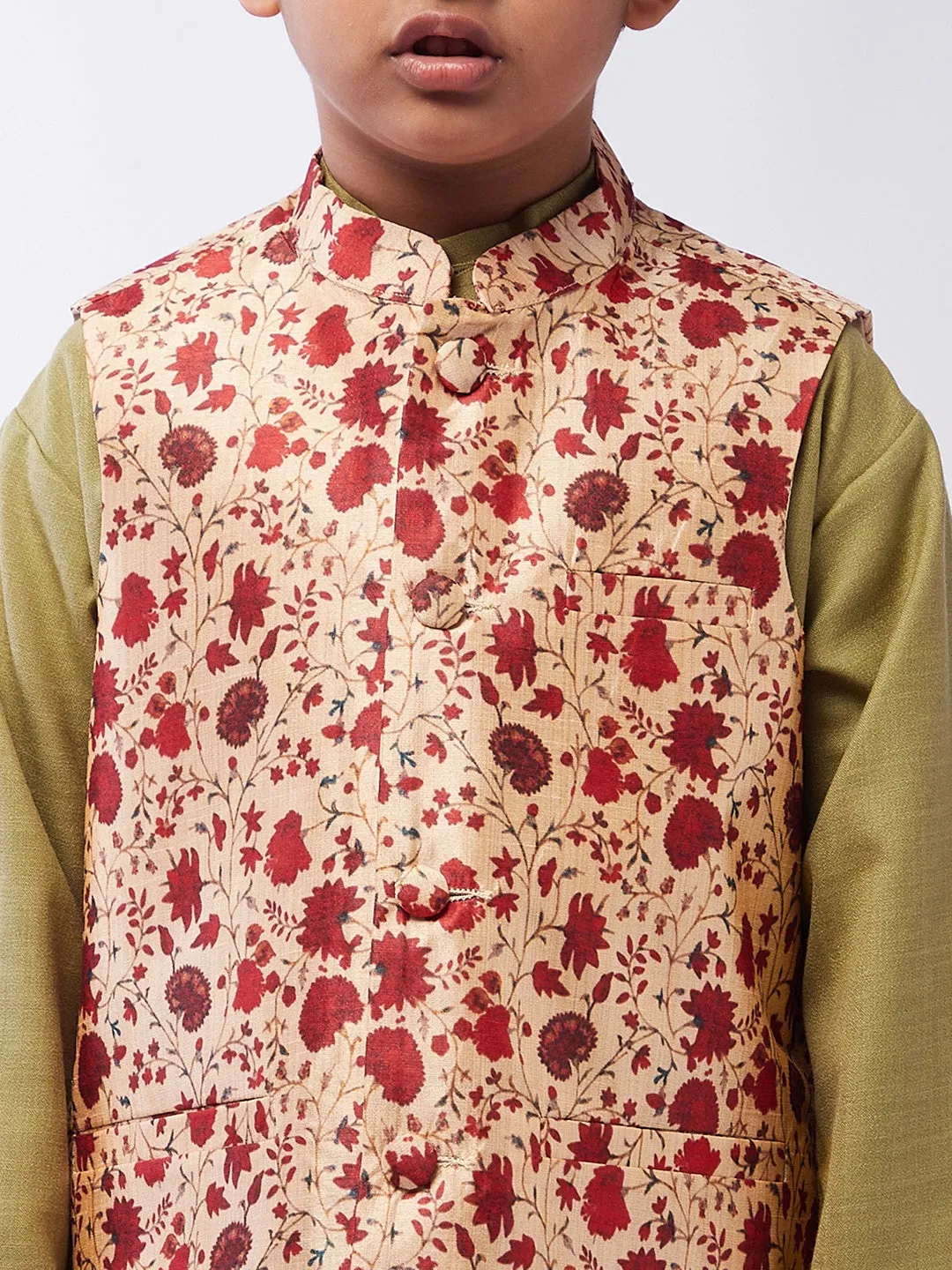 Kid's Cotton Silk Pista Green Kurta & Red Nehru Jacket With White Churidar Pyjama Set - Sojanya KID