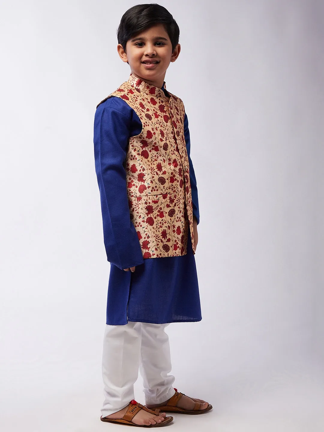 Kid's Cotton Silk RBlue Kurta & Red Nehru Jacket With White Churidar Pyjama Set - Sojanya KID