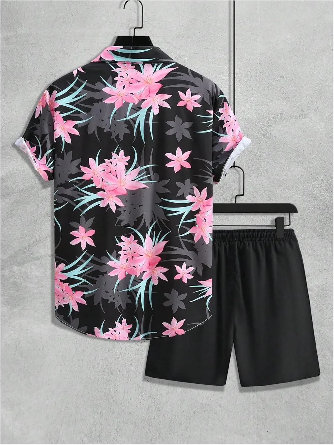 Men's Plus Size 2 Pieces Outfit Floral Print Short Sleeve Button Down Shirt and Shorts Set