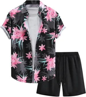 Men's Plus Size 2 Pieces Outfit Floral Print Short Sleeve Button Down Shirt and Shorts Set