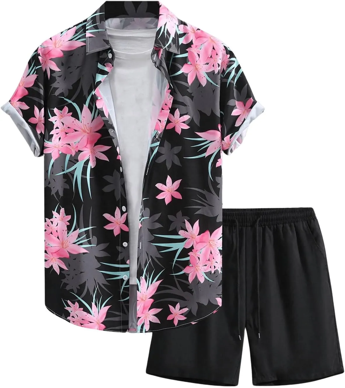 Men's Plus Size 2 Pieces Outfit Floral Print Short Sleeve Button Down Shirt and Shorts Set