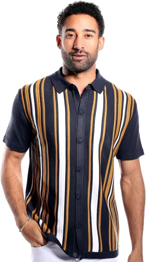 Mens Short Sleeve Knit Sports Shirt - Modern Polo Vintage Classics: Vertical Stripe Color Block