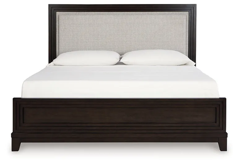 Neymorton California King Upholstered Panel Bed with Mirrored Dresser and 2 Nightstands