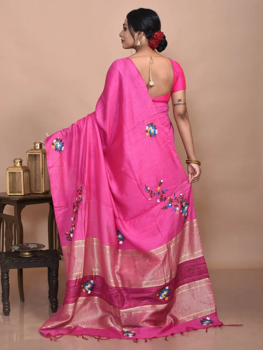 Pink Linen Saree with Floral Design Hand Embroidery