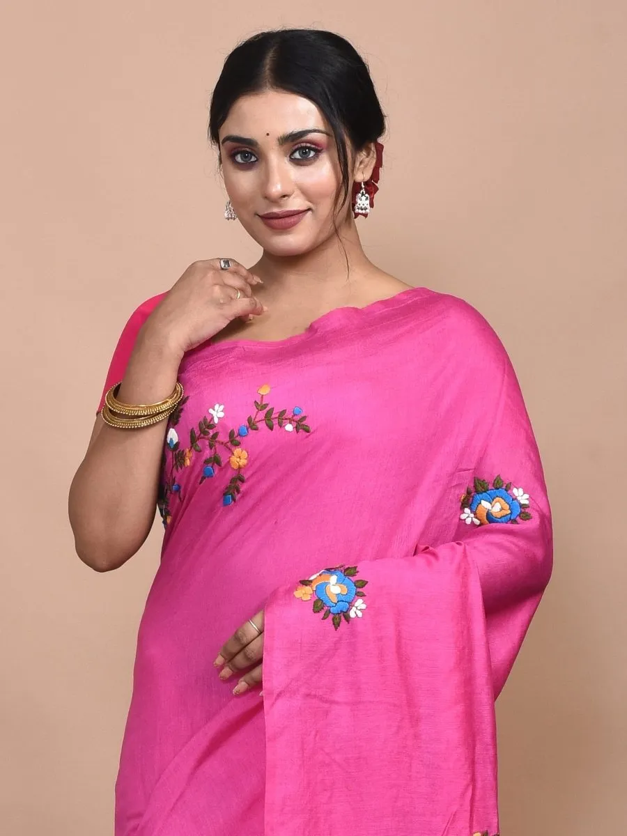 Pink Linen Saree with Floral Design Hand Embroidery