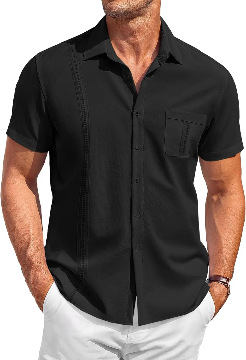 Runcati Mens Cuban Guayabera Shirts Button Down Short Sleeve Shirt Casual Mexican Summer Beach Wedding Tops with Pocket