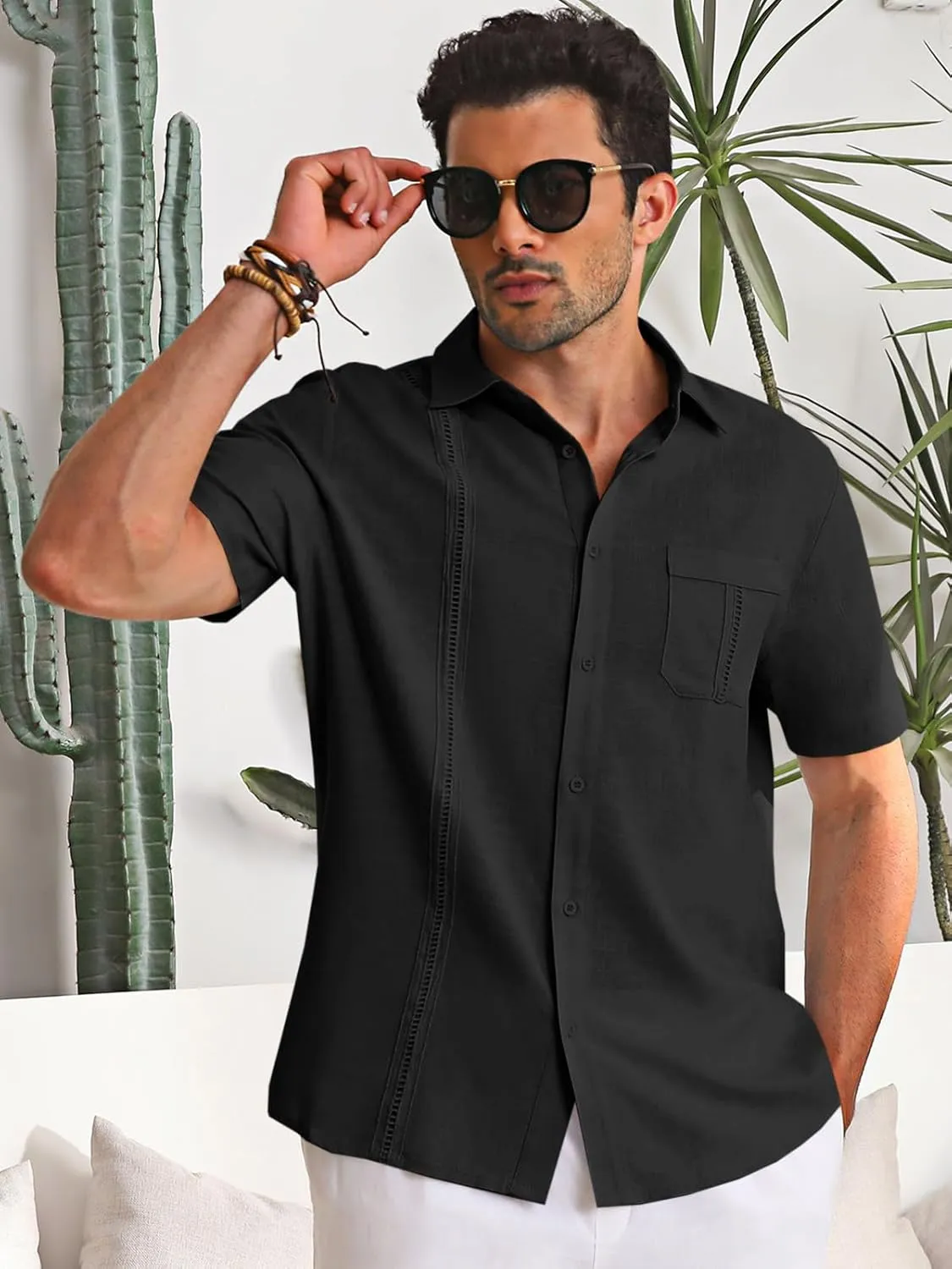 Runcati Mens Cuban Guayabera Shirts Button Down Short Sleeve Shirt Casual Mexican Summer Beach Wedding Tops with Pocket