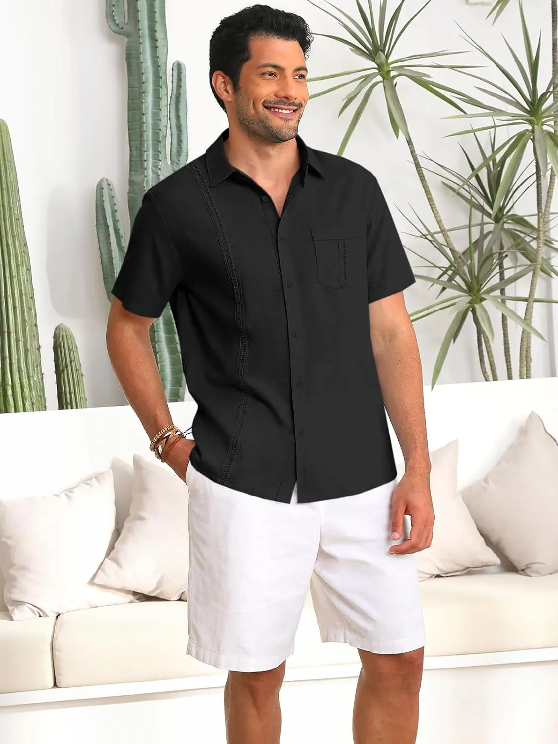 Runcati Mens Cuban Guayabera Shirts Button Down Short Sleeve Shirt Casual Mexican Summer Beach Wedding Tops with Pocket