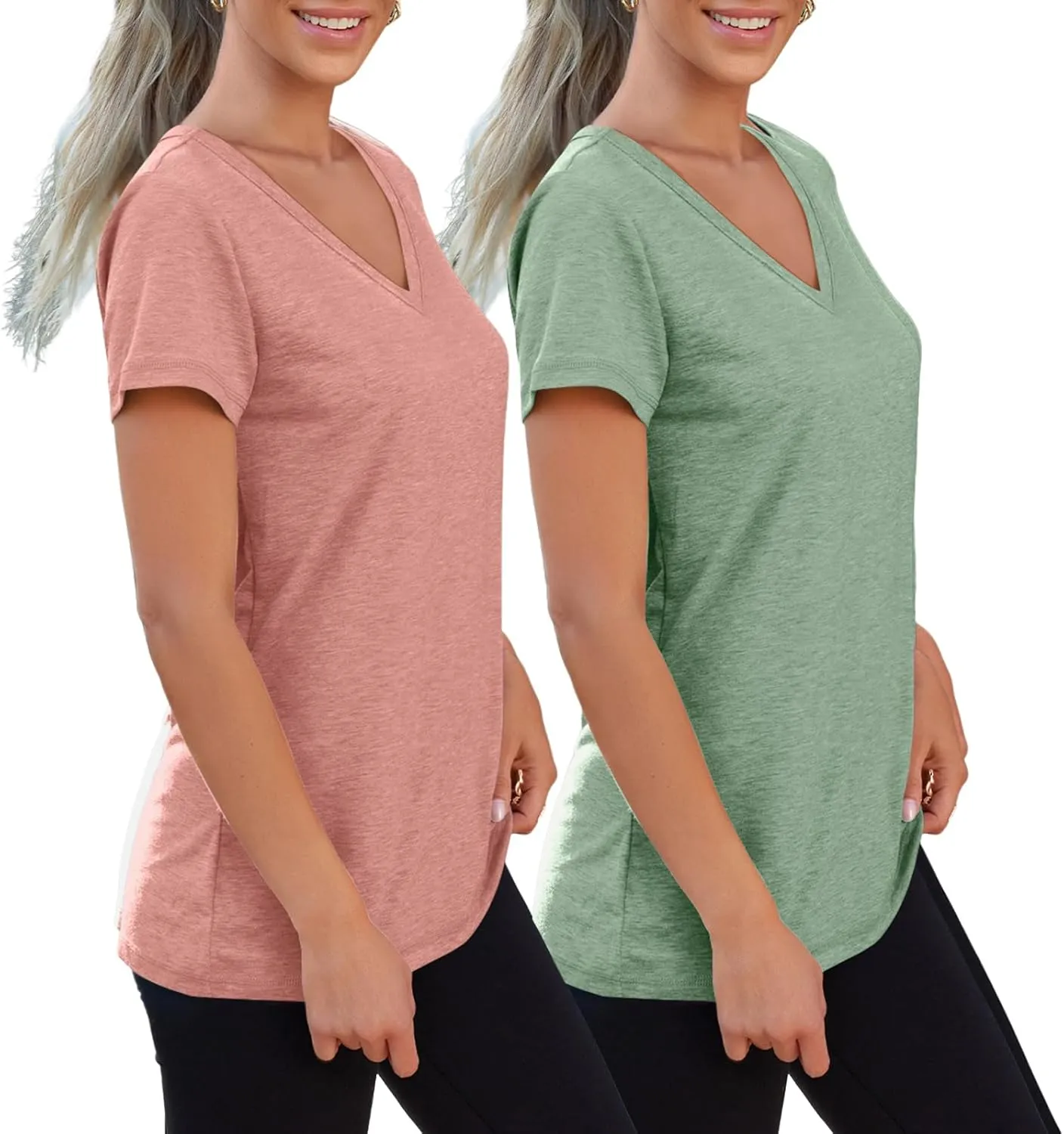 SUNBS Womens Short Sleeve Shirts Basic 2 Pack Tees V Neck Summer Spring Trendy Casual Tops Loose Fit Lightweight Clothes 2025