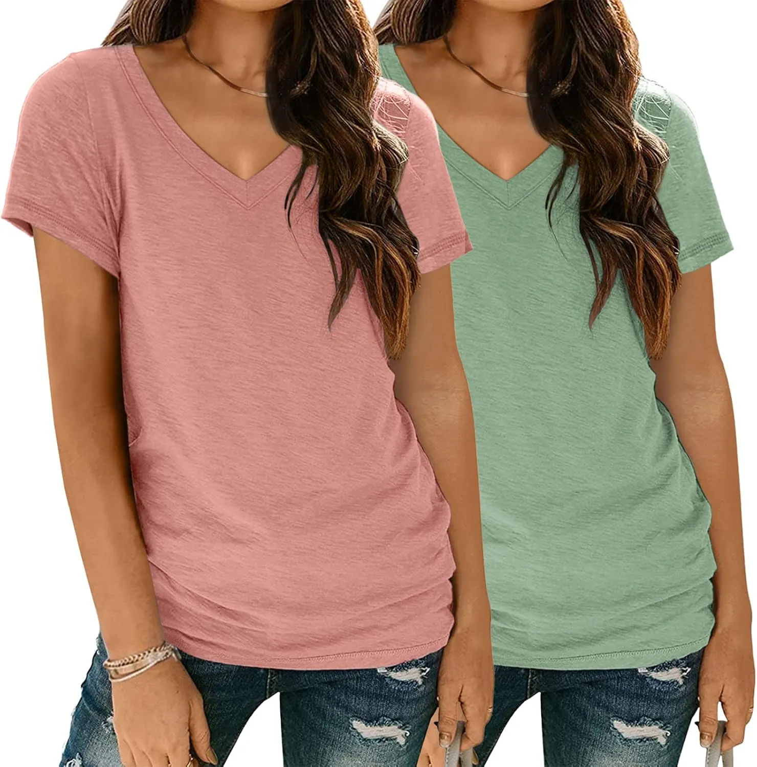 SUNBS Womens Short Sleeve Shirts Basic 2 Pack Tees V Neck Summer Spring Trendy Casual Tops Loose Fit Lightweight Clothes 2025