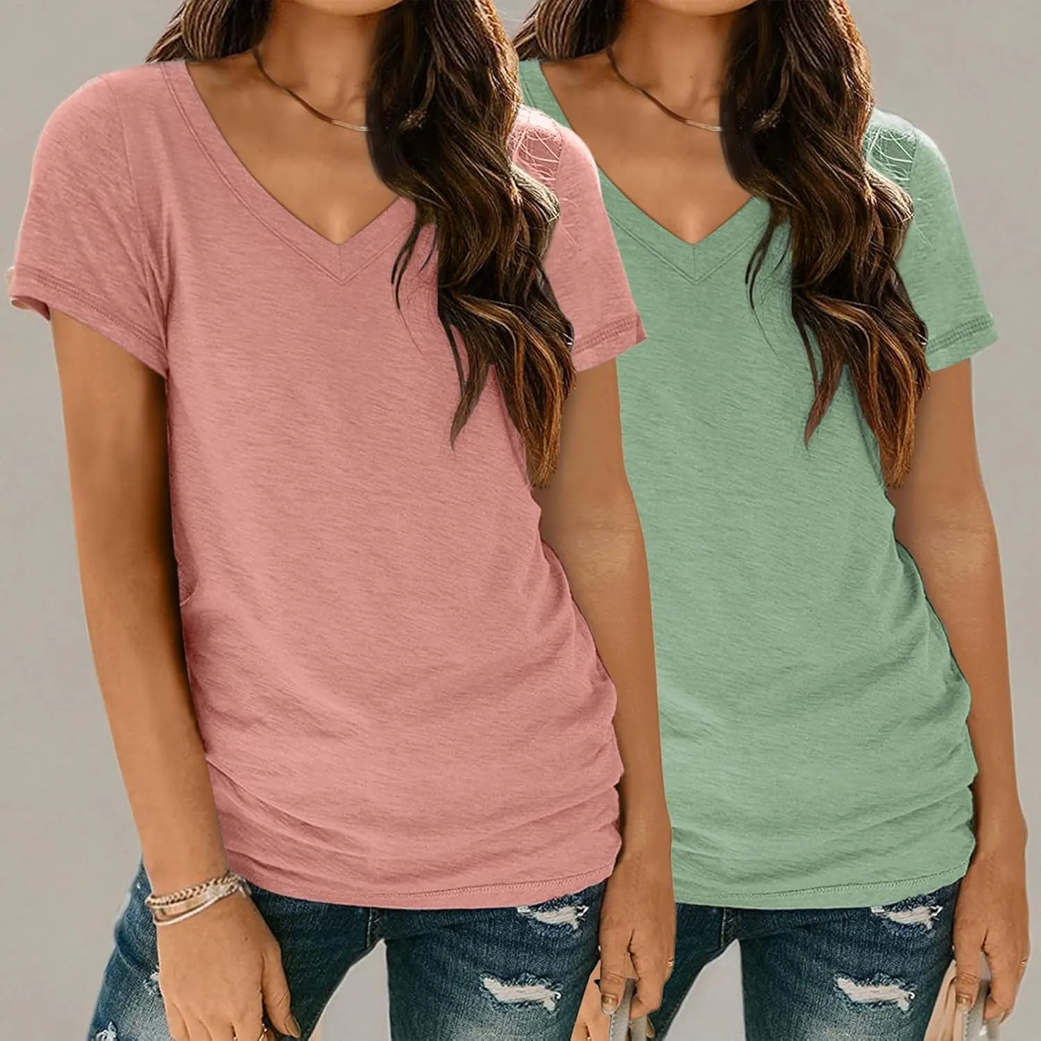 SUNBS Womens Short Sleeve Shirts Basic 2 Pack Tees V Neck Summer Spring Trendy Casual Tops Loose Fit Lightweight Clothes 2025