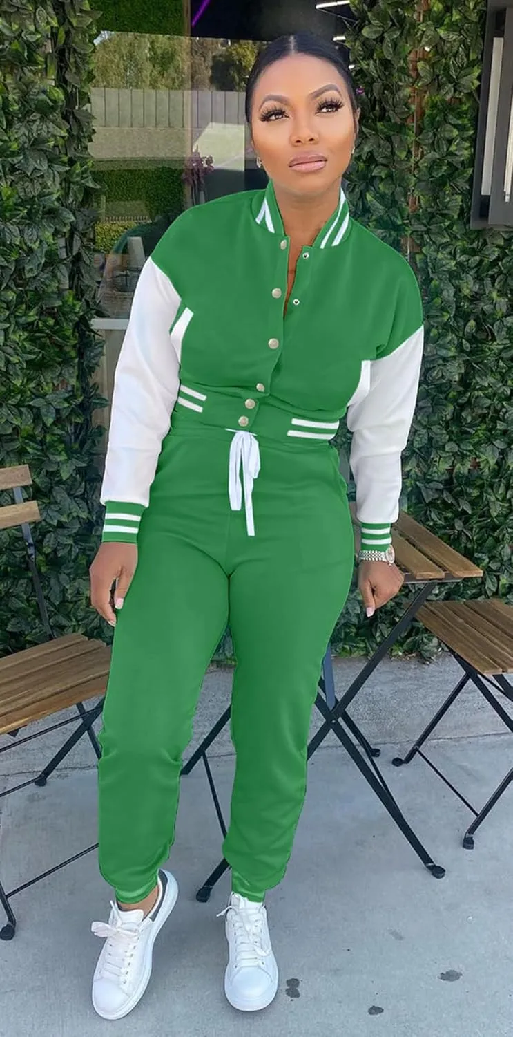 Womens Two Piece Tracksuit Button Down Cropped Varsity Jacket Pants Set Jogger Sweatsuit