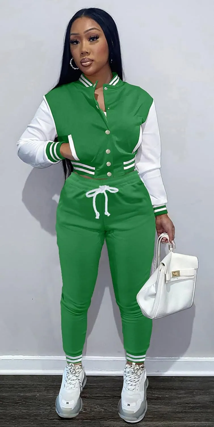 Womens Two Piece Tracksuit Button Down Cropped Varsity Jacket Pants Set Jogger Sweatsuit