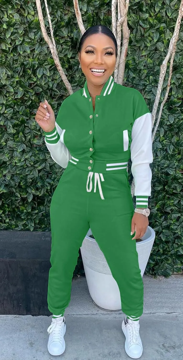 Womens Two Piece Tracksuit Button Down Cropped Varsity Jacket Pants Set Jogger Sweatsuit