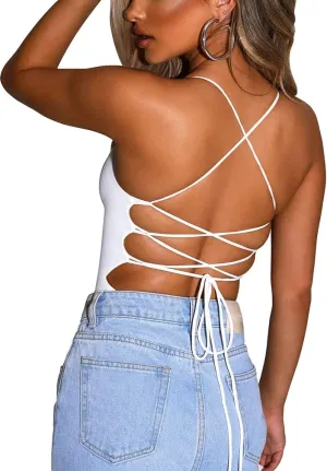 YMDUCH Women's Sexy Sleeveless Criss Cross Backless Cami Bodycon Bodysuit Tops
