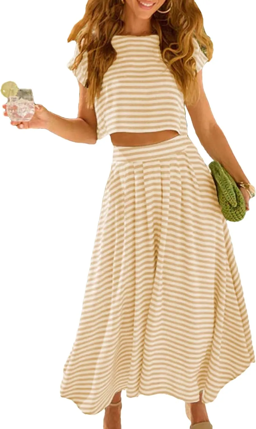 Zontroldy Women's Summer 2 Piece Outfits Striped Skirt Sets Cap Sleeve Crop Top Midi Dress Matching Travel Outfits