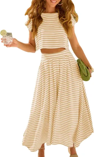 Zontroldy Women's Summer 2 Piece Outfits Striped Skirt Sets Cap Sleeve Crop Top Midi Dress Matching Travel Outfits